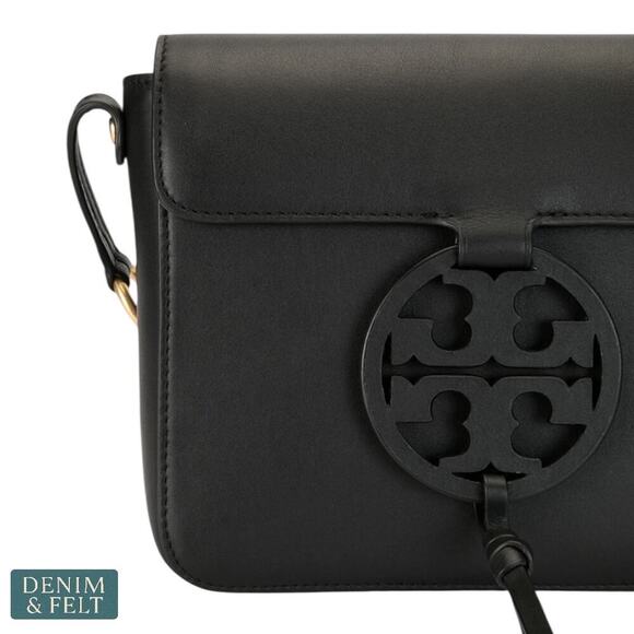 Tory Burch Miller Logo Black Leather Magnetic Flap Crossbody Bag 50769 8”x8” - Picture 8 of 16